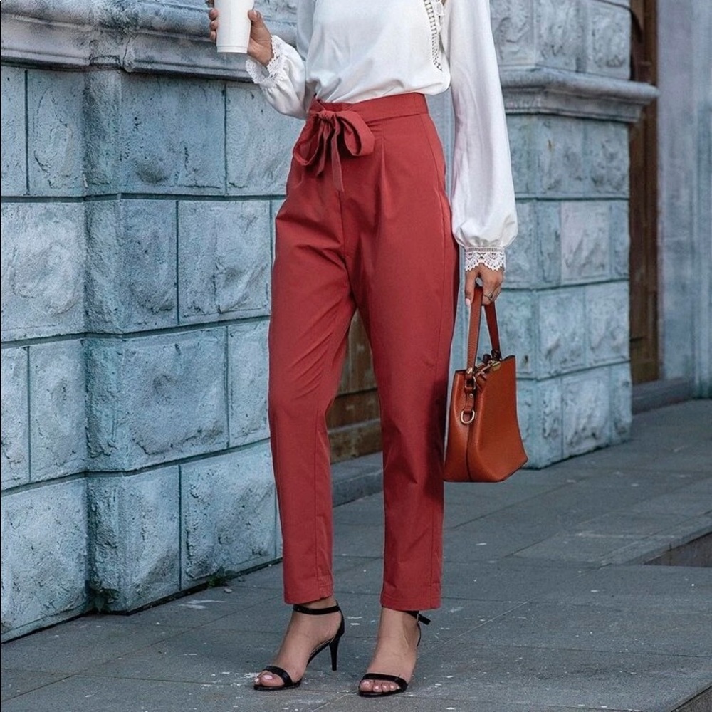 SHEIN Front Tie Back Zip Rust Orange Tapered Pants
